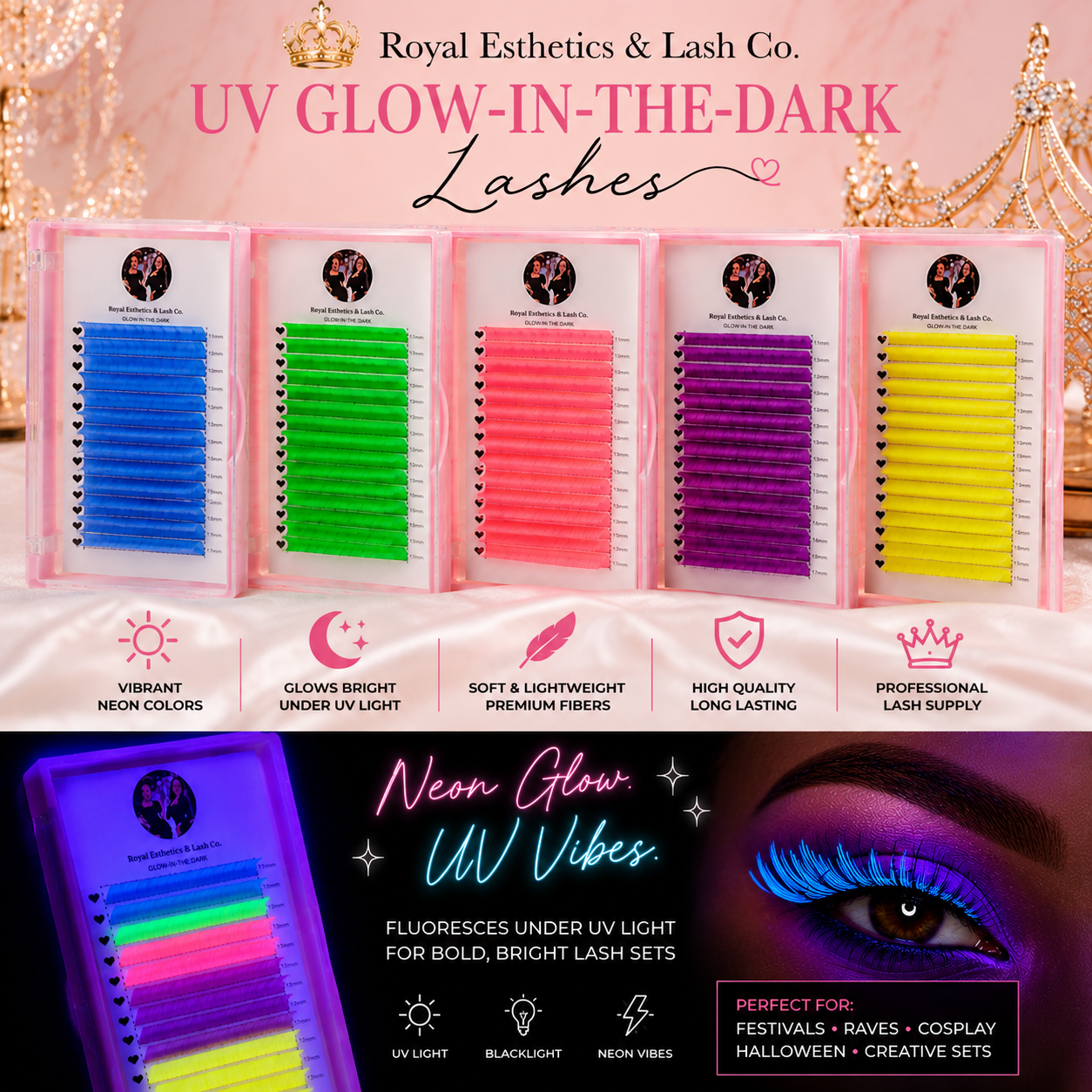 Royal Glow in the Dark Lash Extensions | Neon Colored Lashes